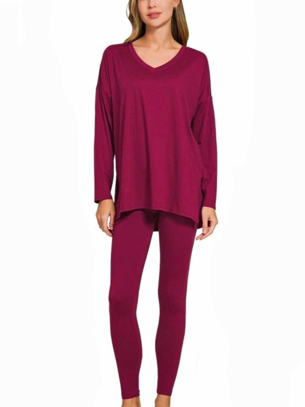 Zenana Outfitters V-Neck Long-Sleeve Loungewear Leggings Set Burgundy Leggings